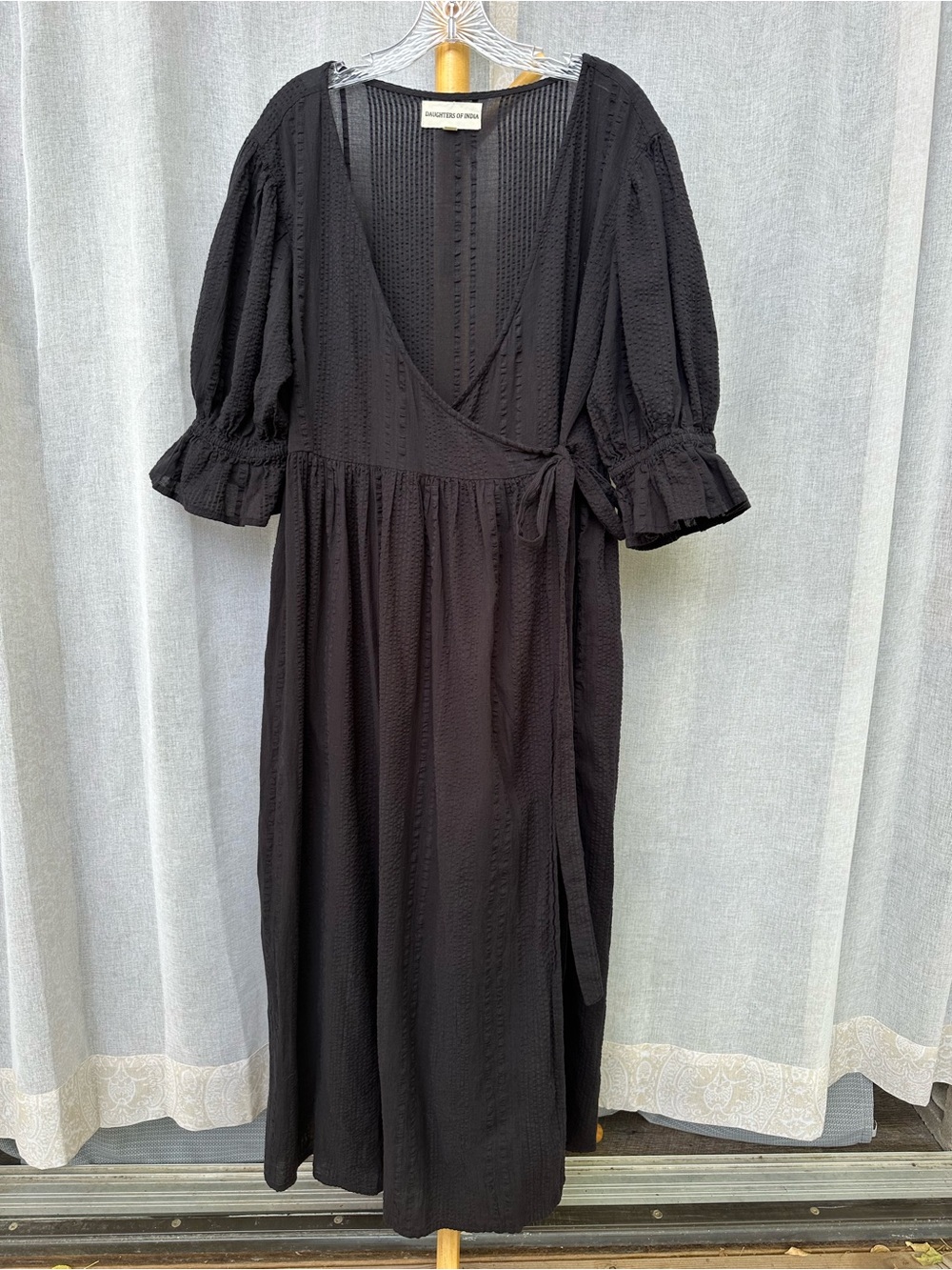 Daughters of India Black Wrap Midi Dress with Puff Sleeves